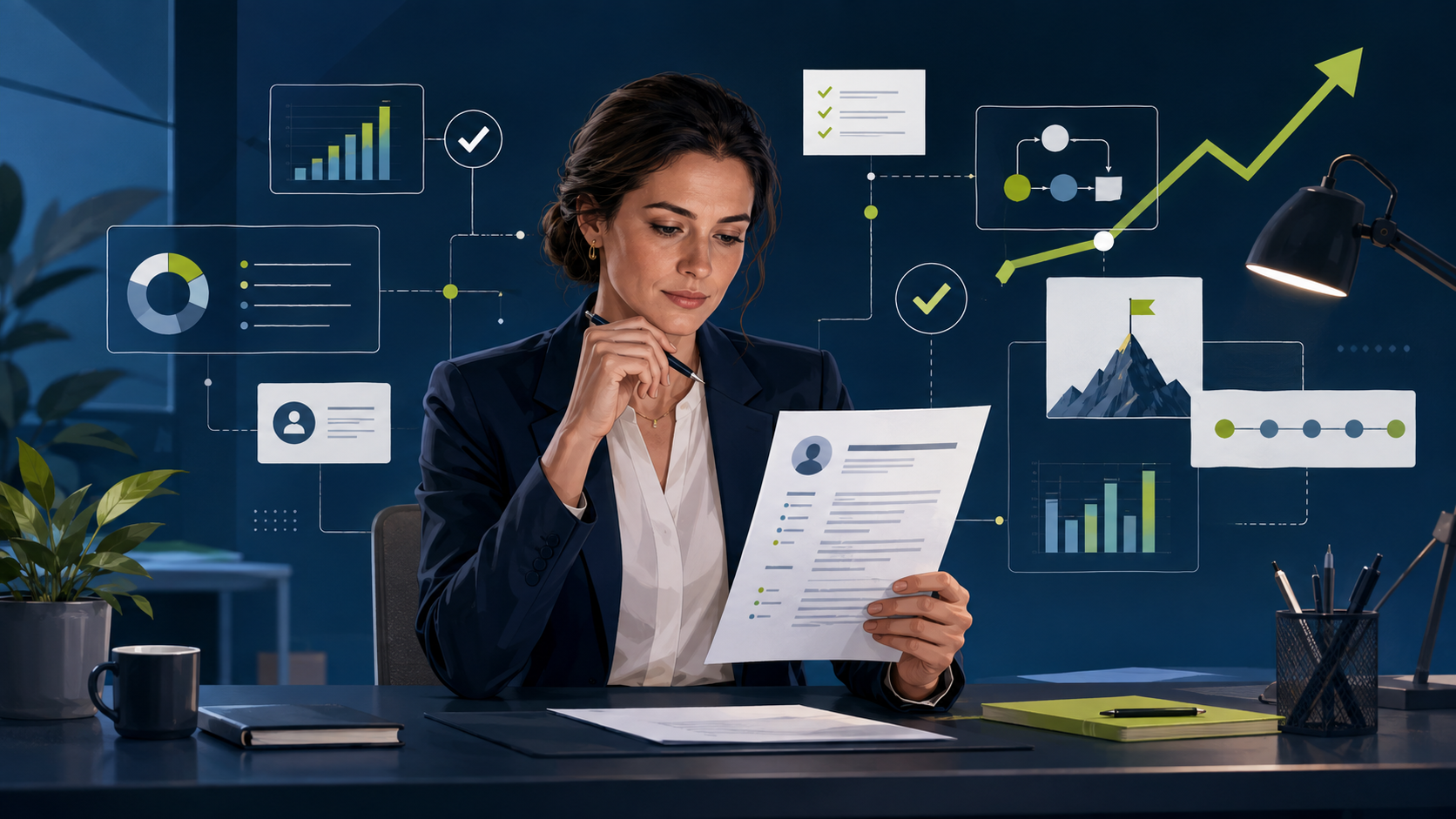 Profissional analisando currículo e evidências de resultados