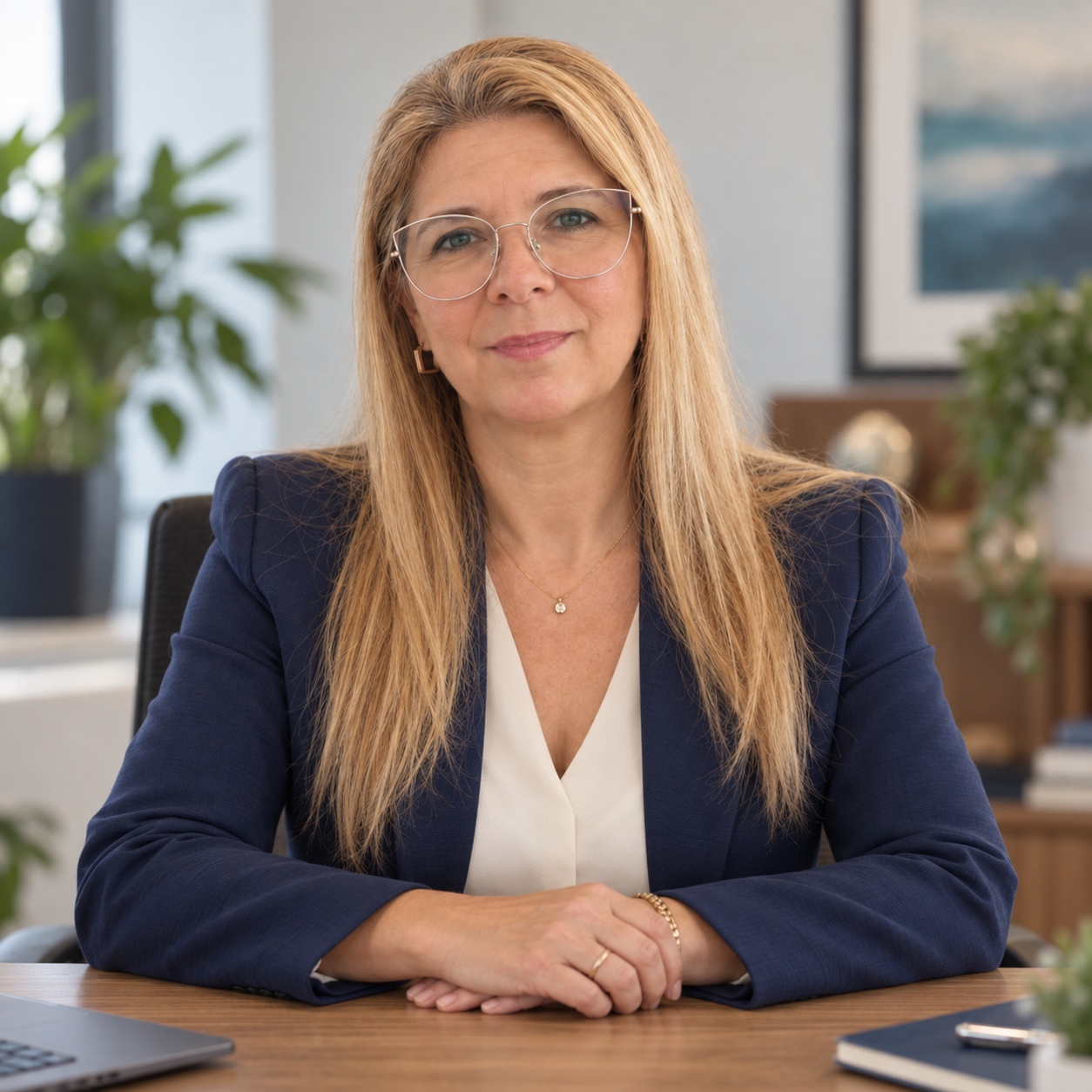 Lismara Tavares, fundadora da INMOVA, de blazer azul-marinho e mãos apoiadas na mesa